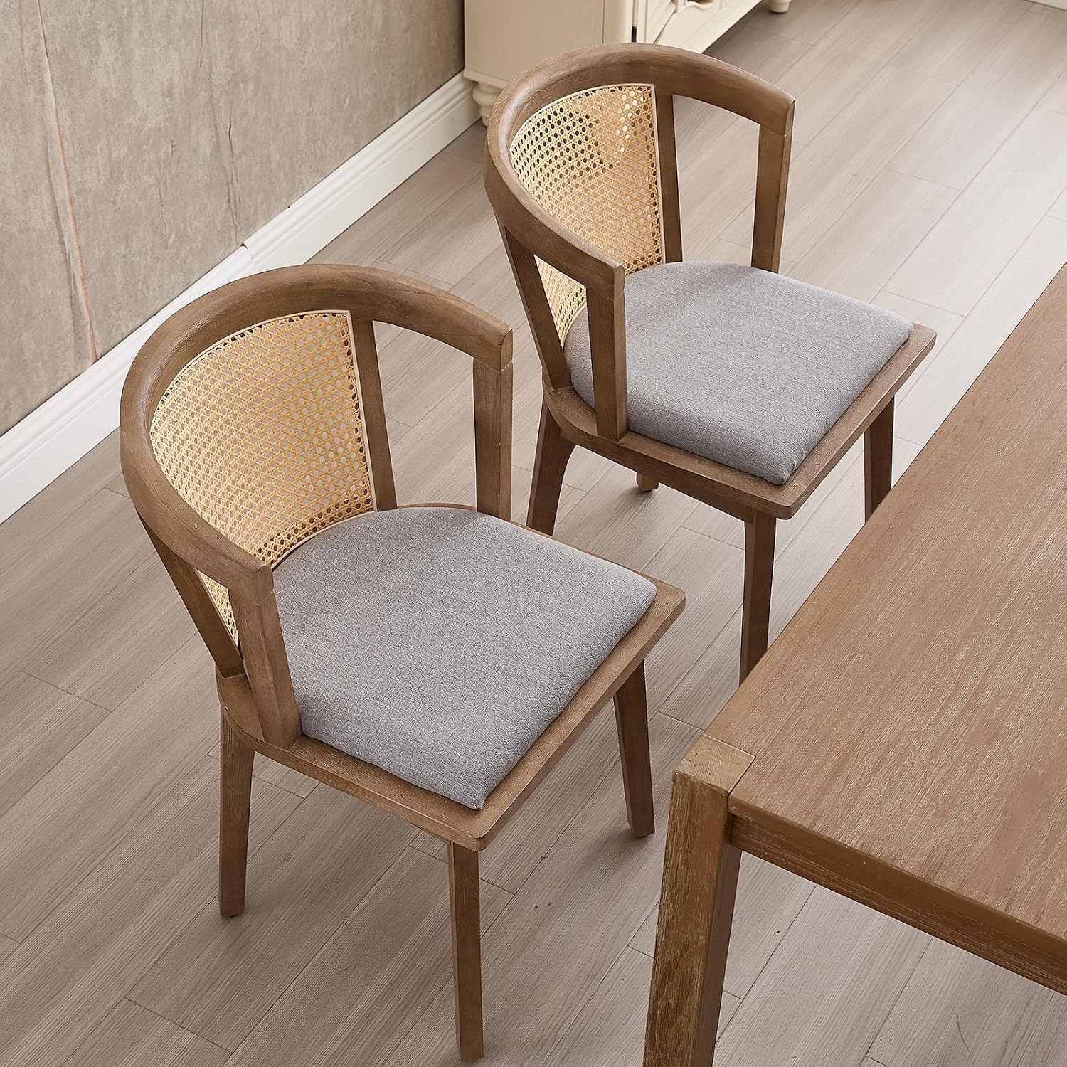 Kmax Modern Rattan Dining Chair Set of 4 Farmhouse Semi Barrel Dining Room Chair Wooden Upholstered Chair Oak Finish for Living Room Kitchen, Walnut/Grey Seat