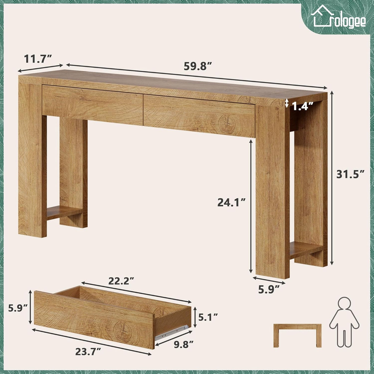 Furologee 60 inch Long Entryway Console Table with Drawers, Farmhouse Sofa Table Behind Couch, Entrance Accent Table for Hallway, Living Room, Foyer, Bedroom, Wooden Thick Tabletop (Natural)