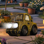 Garden Statue Outdoor Solar Car Decor with LED Light Vintage Resin Sculpture Construction Vehicle Rustic Decoration for Lawn Patio Yard Gifts for Women