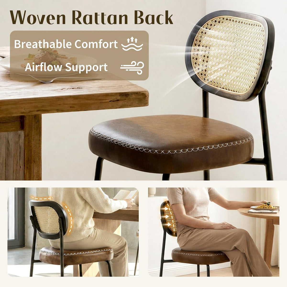 Rattan Dining Chairs Set of 2, Upholstered Dining Chairs with Handwoven Cane Back, Mid Century Modern Kitchen & Dining Room Chairs with Thick Cushion and Metal Frame, 300 lbs Capacity, Brown