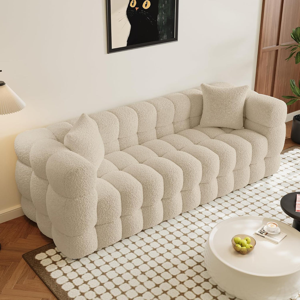 Wrofly Boucle Sofa Couch, 74.8" Comfy Upholstered Sherpa Sofa, Tufted Cozy 3-Seater Deep Seat Cloud Couch, Modern Oversized Loveseat with 2 Pillows for Living Room Apartment Office, Light Brown