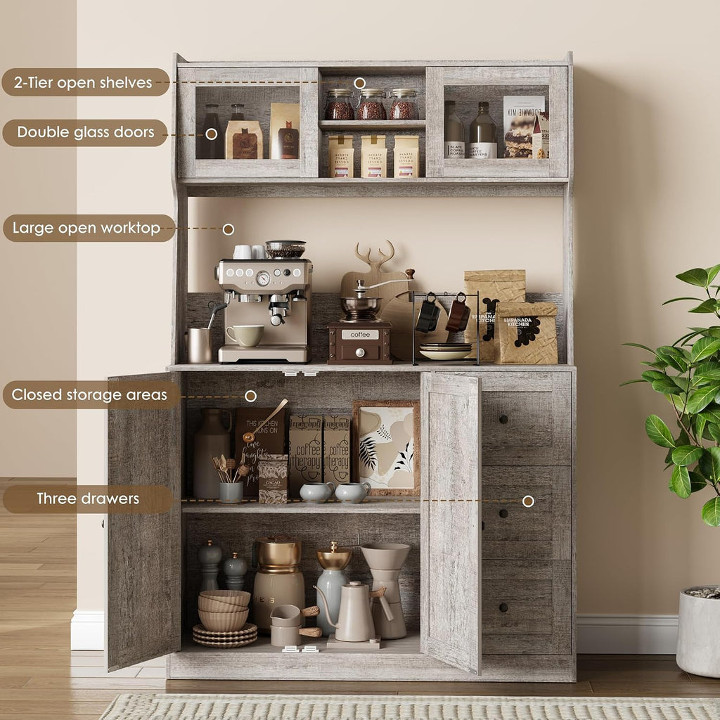 Kitchen Pantry Cabinet with Storage, Buffet Cabinet with Countertop for Microwave Stand, Tall Sideboard Storage Hutch Cabinets with LED, 3 Drawers & Adjustable Shelves for Dining Room, Grey