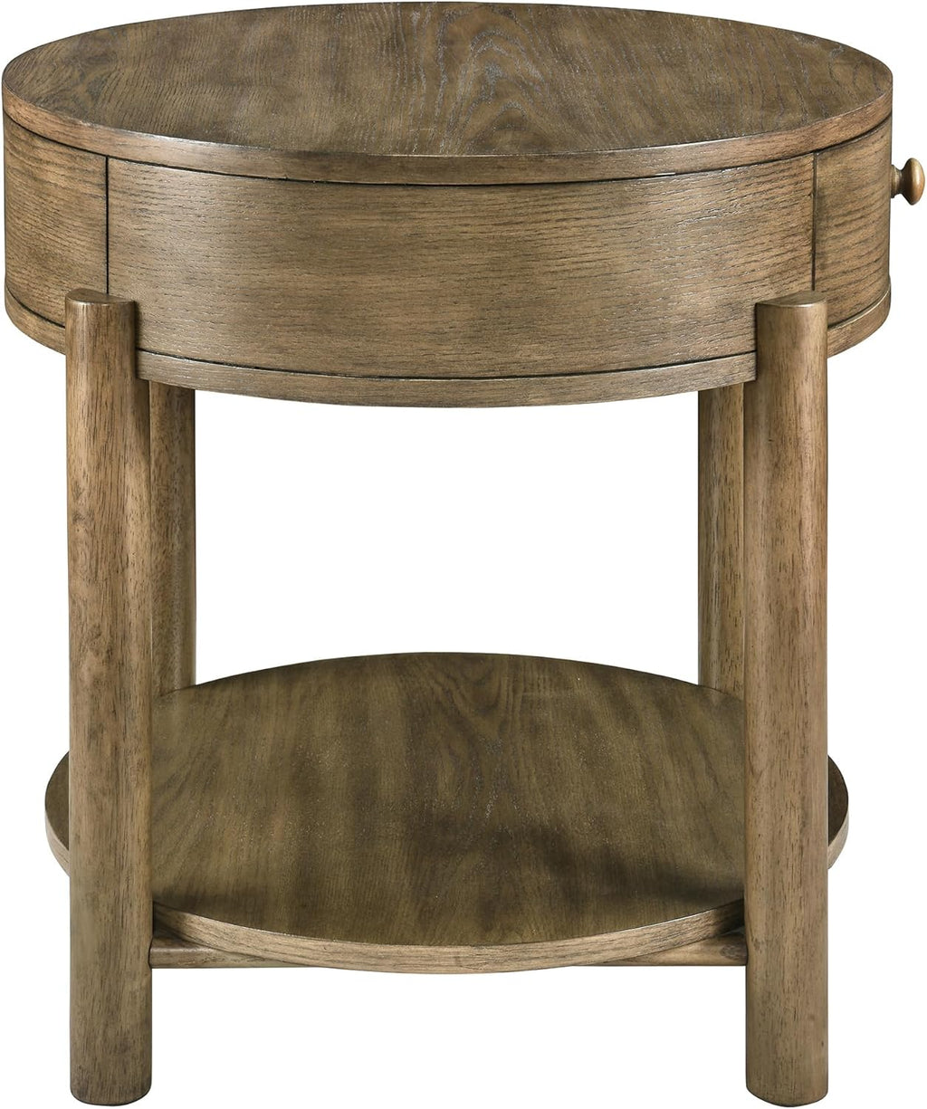 Solid Wood 24" Round End Table with Drawer, 2-Tier Small Sofa Side Table with Open Storage Oak Wood Accent Corner Table Modern Nightstand with Shelf for Living Room Bedroom Office, Brown, 24x25.16in