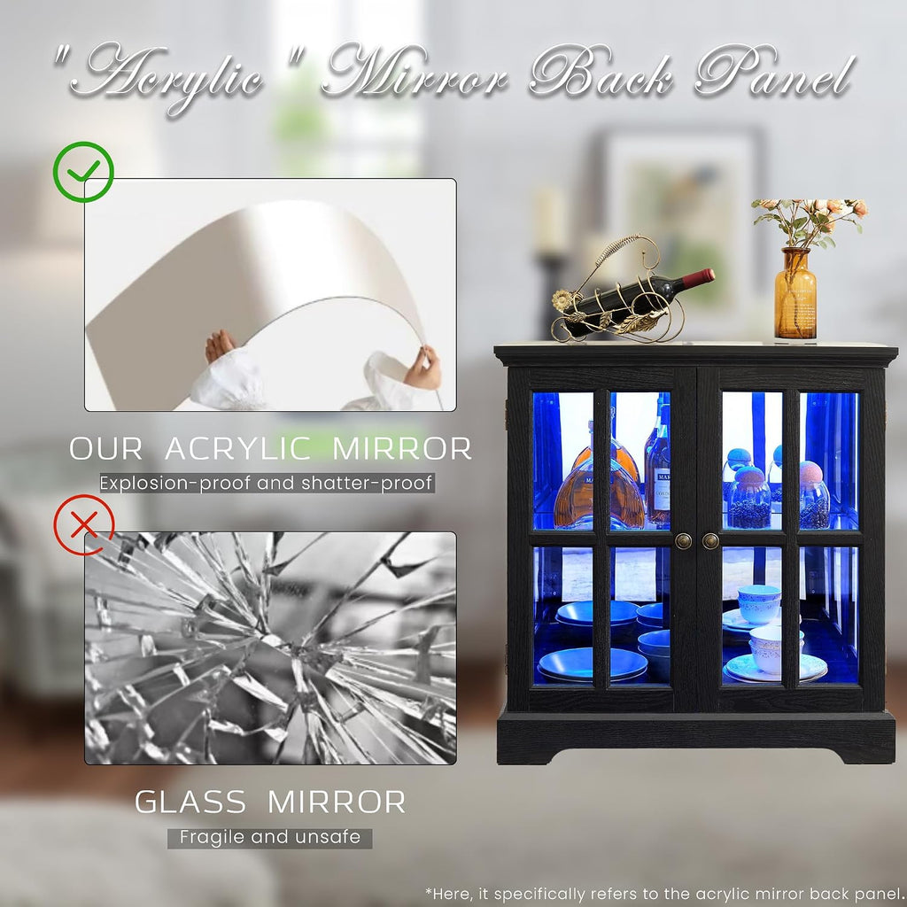 32" H LED Accent Curio Cabinet with 7 Color Lights for Collectibles, Modern Storage Cabinet with Tempered Glass Doors, (Black)