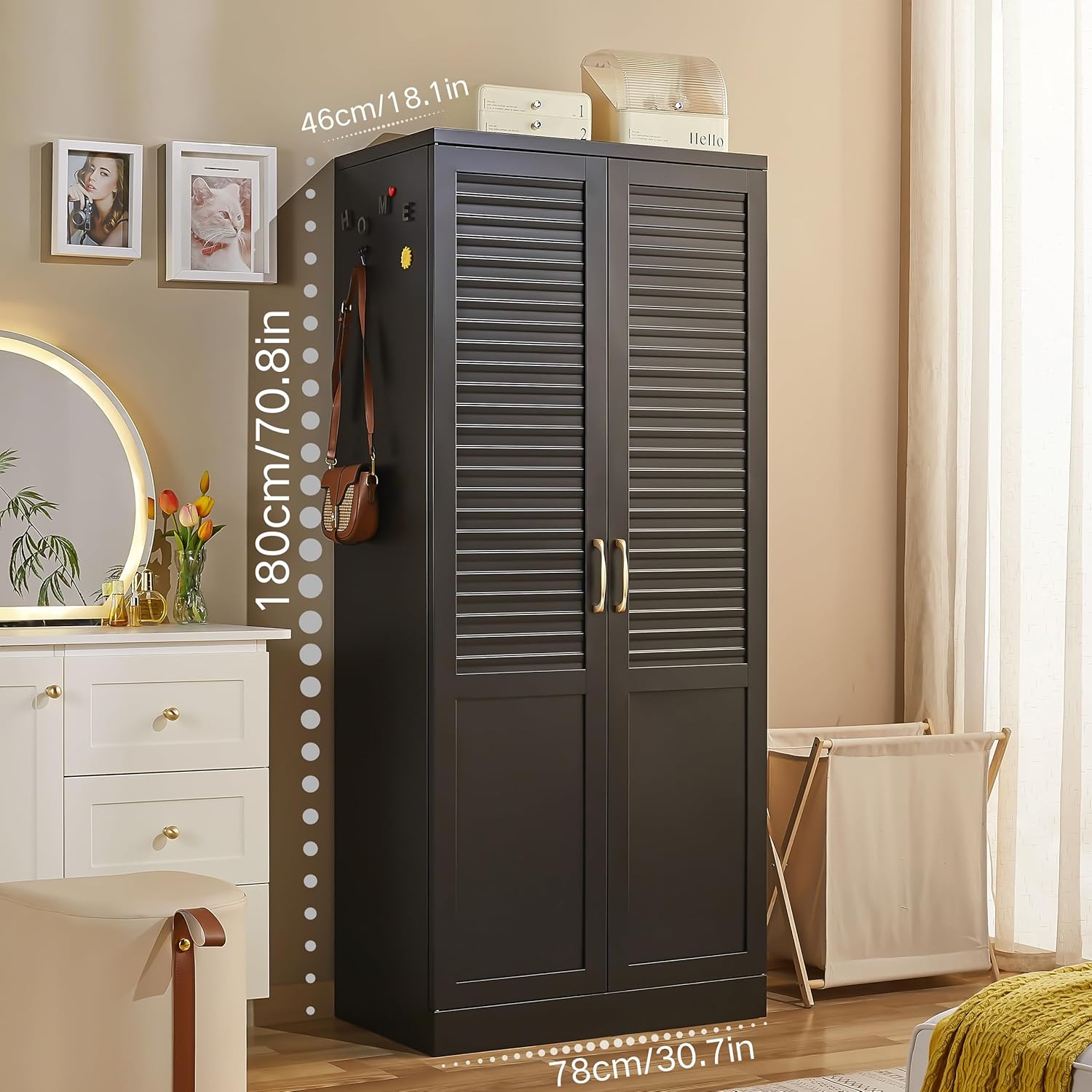 71" Tall Metal Wardrobe Closet with Hanging Rod, Adjustable Shelves | Extra Closet Space,Organized Clothing Storage,Louvered Doors