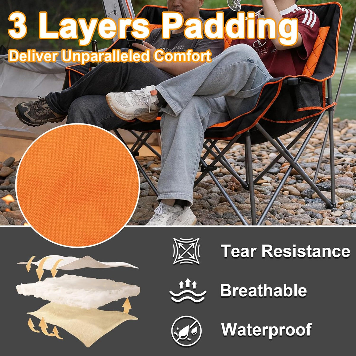 Romswi Double Camping Chair,2 Person Camping Chair Oversized Folding Loveseat,Heavy Duty Camping Couch & Outdoor Sofa with Cup Holders,Supports 750LBS Orange