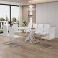YUNDREAM Modern Marble Dining Table Set for 8,White Sliver 71''Dining Room Table with Chrome Plated XShaped Frame and Gray Leather Dining Chairs,Easy Assemble,Kitchen Table and Chairs for Dining Room