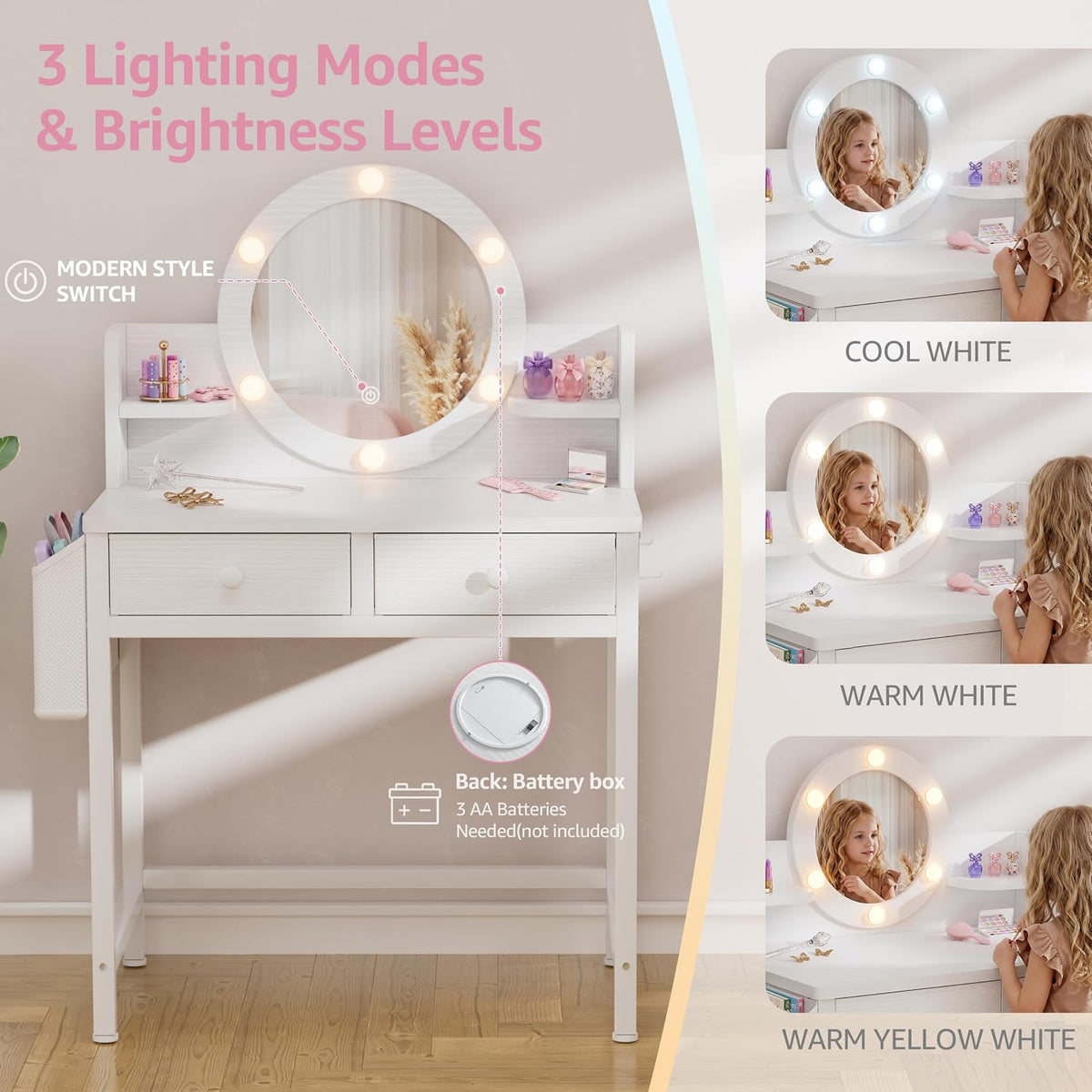 BOLUO Kids Vanity Table and Chair Set, Kids Vanity for Girls with Lights and Mirror, 2 in 1 Kid Vanity Set, Princess Makeup Vanity Desk with Drawers White