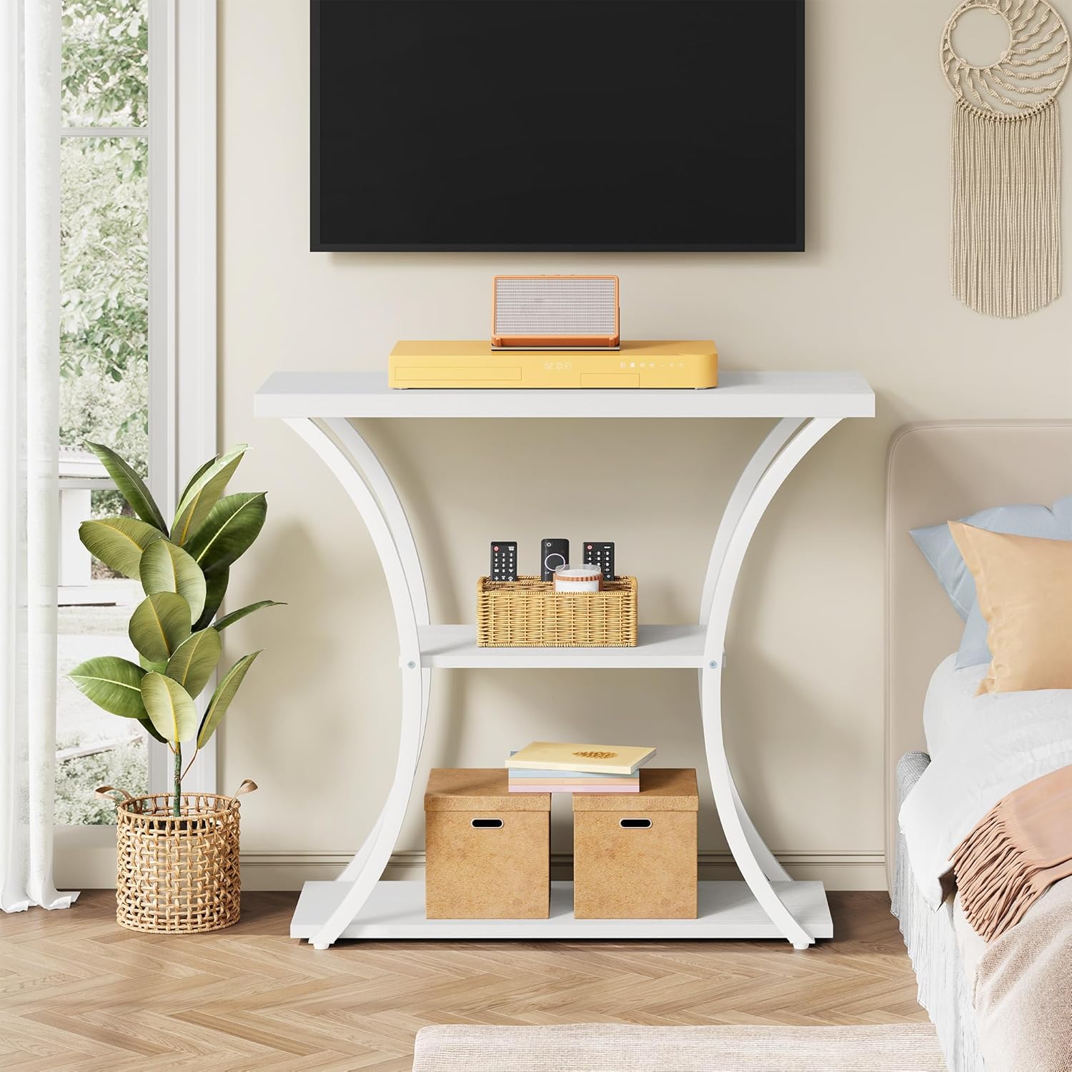 Hoctieon 3 Tier Console Table with Open Wood Shelves, Decorative Entryway Table with Curved Metal Frames, Narrow Sofa Table for Entrance, Living Room, Hallway, White