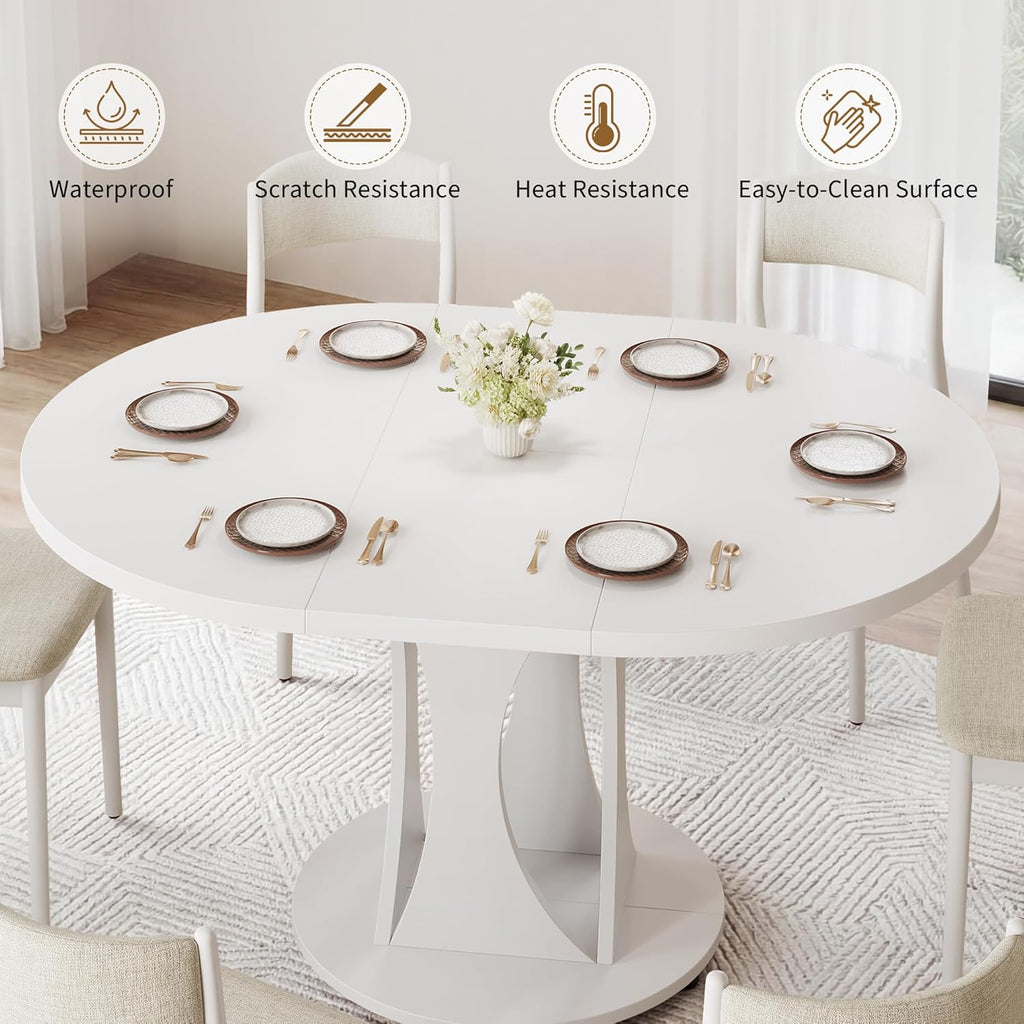 iPormis 43"-59" Extendable Dining Table, Round Kitchen Table with Modern Arcs Pedestal, Oval Dinner Table with Removable Leaves,Hidden Storage, for Kitchen, Dining Room, Living Room, Office, White
