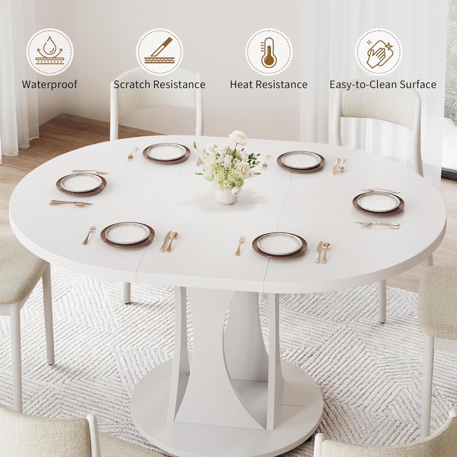 iPormis 43"-59" Extendable Dining Table, Round Kitchen Table with Modern Arcs Pedestal, Oval Dinner Table with Removable Leaves,Hidden Storage, for Kitchen, Dining Room, Living Room, Office, White