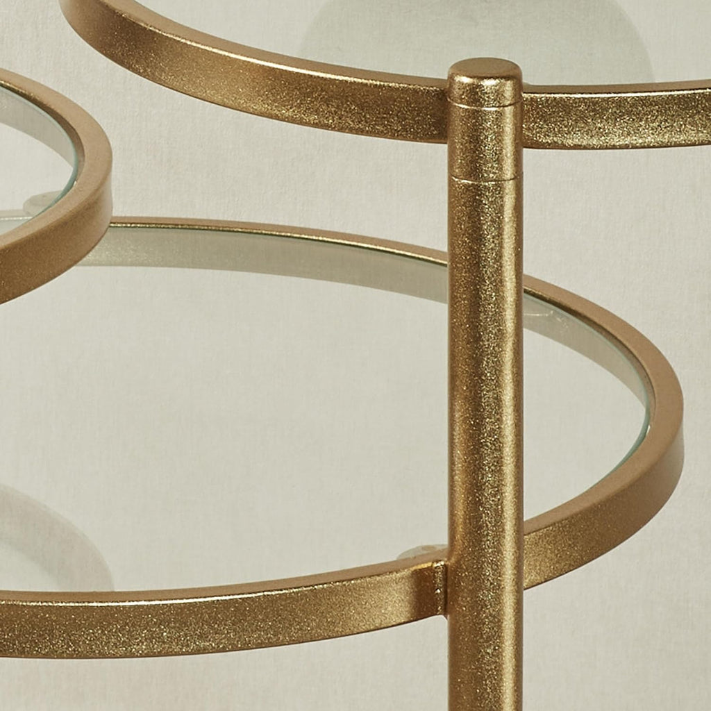 Quincy Adjustable Accent Table | Round, Rotating Clear Glass Tabletops | Three Tiered, Nesting Table Look | Gold Finished Metal Furniture | Perfect for Small Spaces and Unique Modern Decorating Tastes