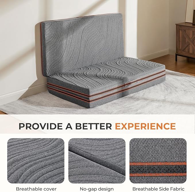 Sweetnight Trifold Mattress with Carry Bag - 4 Inch Portable Floor Mattress with Breathable & Washable Cover | Foldable Mattress Topper for Travel, Camping, Guest Grey Queen