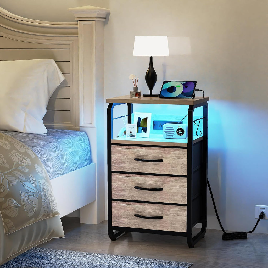 runjuly Bed Side Table with 3 Fabric Drawers, Night Stand with Charging Station, LED Nightstand with Hooks, Bedside Table End Tables with Storage, Night Tables for Bedroom (Beige)