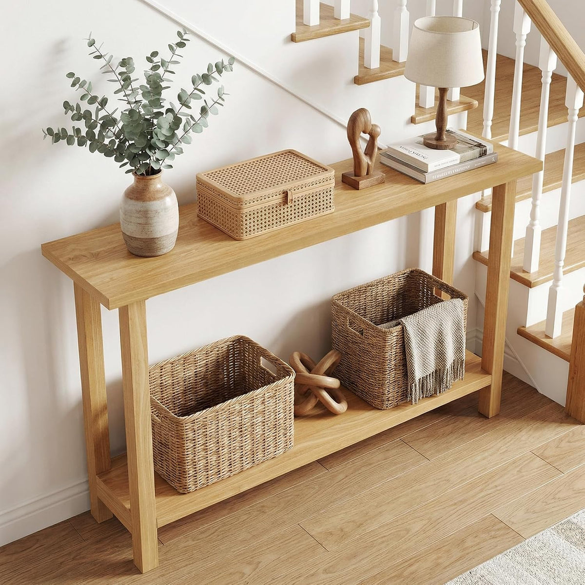 GIANTEX 47" Solid Wood Console Table, 2-Tier Narrow Entryway Table | Rustic Foyer Table w/ Teak Wood Frame and Storage Shelf, Farmhouse Sofa Table Behind Couch for Living Room (47" x 12" x 32")