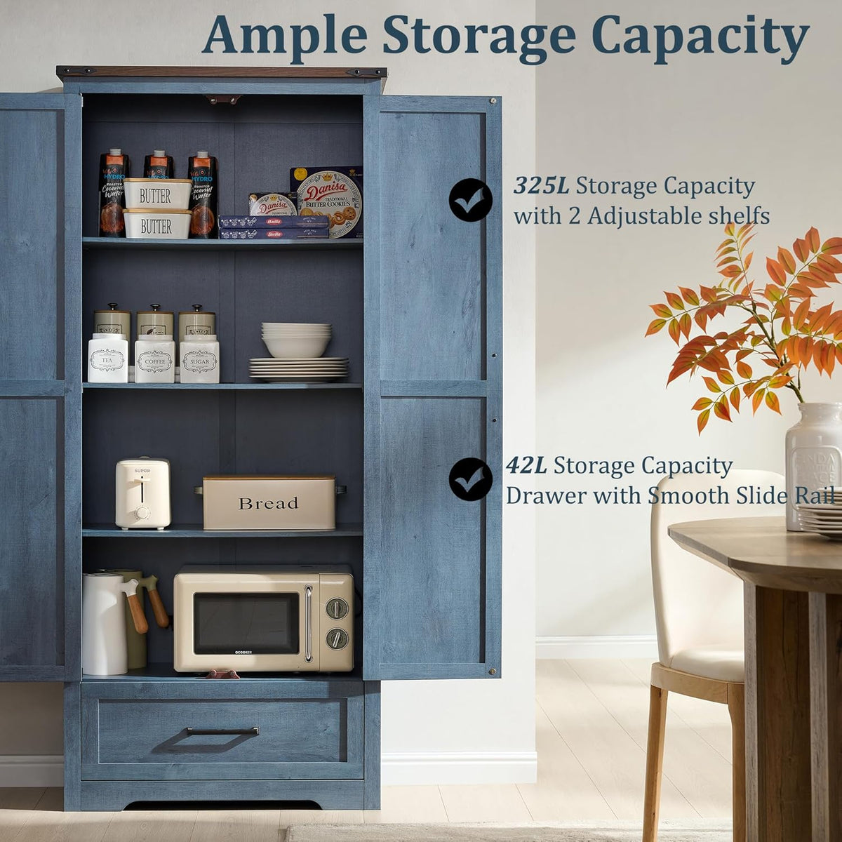 JXQTLINGMU Farmhouse Kitchen Pantry Cabinet - 72" Tall Wood Kitchen Storage Cabinets with Adjustable Shelves & 2 Barn Doors & Drawer, Versatile Storage for Dining Room, Bathroom, Rustic Blue