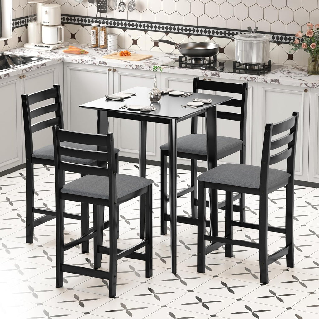 27.5 inch Bar Table and Chairs Set, Solid Wood Bar Height Pub Table and Chairs Set of 4, Counter Height Table Set, Square High Top Table and Chairs Set for Dining Room