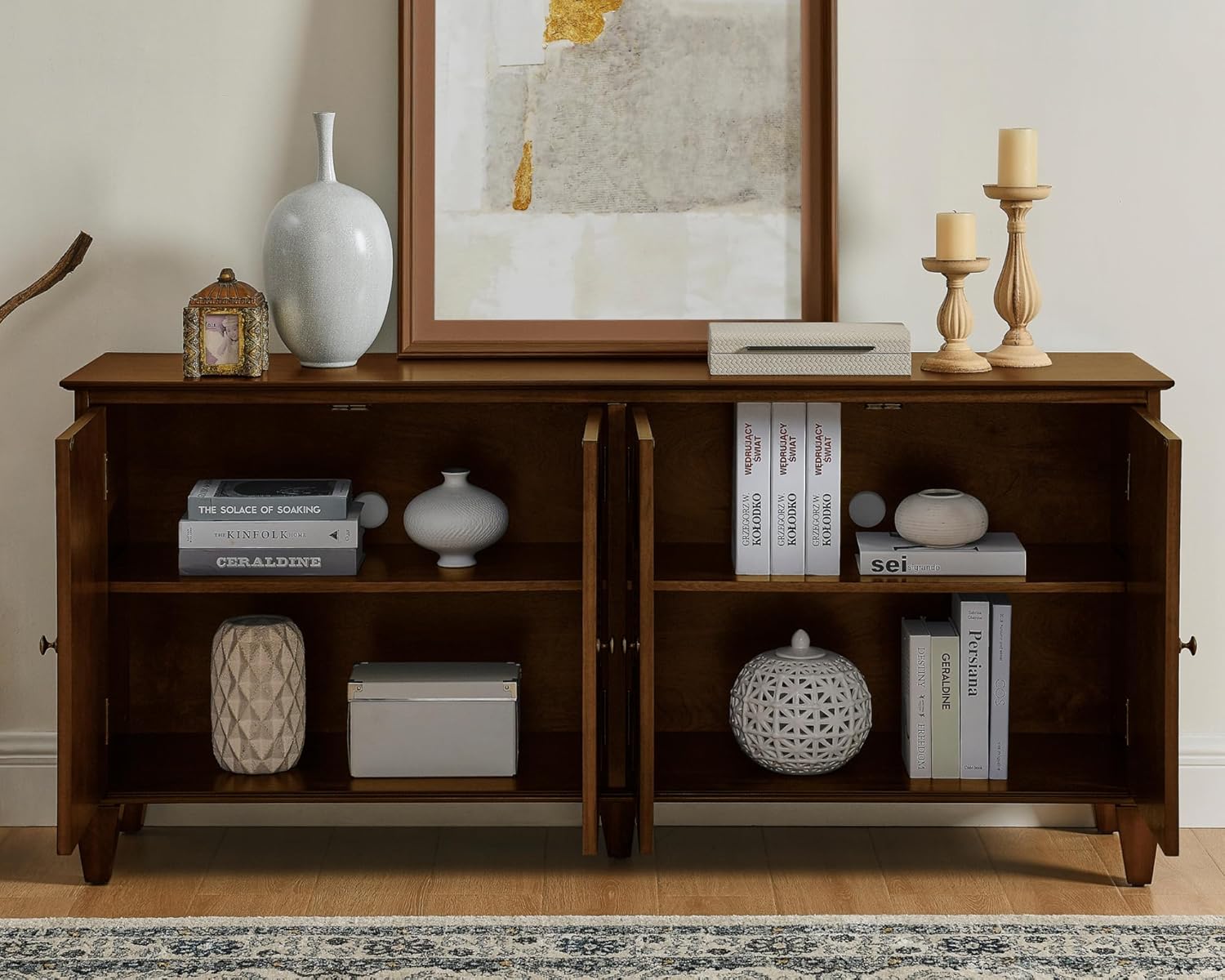 LKTART 65" Mid Century Sideboard Buffet Cabinet with Solid Wood Legs,Accent Storage Cabinet Credenza with 4 Doors for Living Room,Entryway,Kitchen(Walnut)