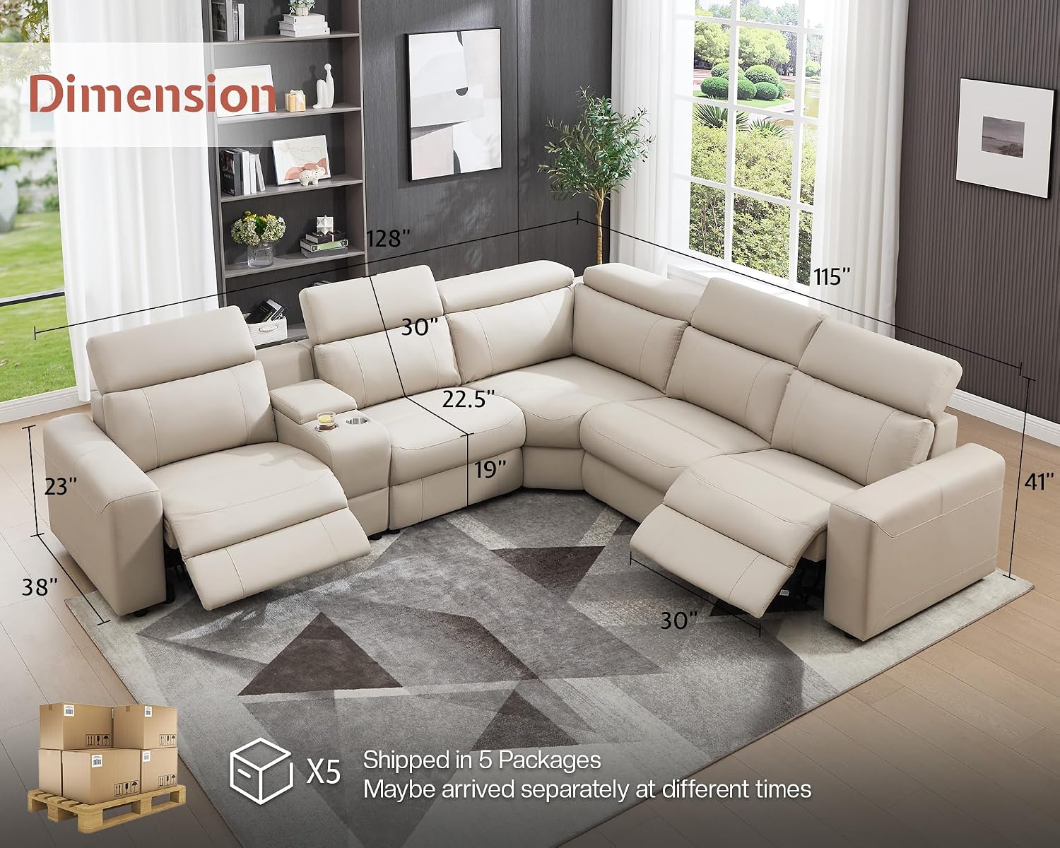 Power Reclining Sectional, Sectional Recliner, Leather Reclining Sectional | Electric Reclining Couch with Storage & USB, Console, Adjustable Headrest & Cup Holders for Living Room, 5-Seater Beige Brown