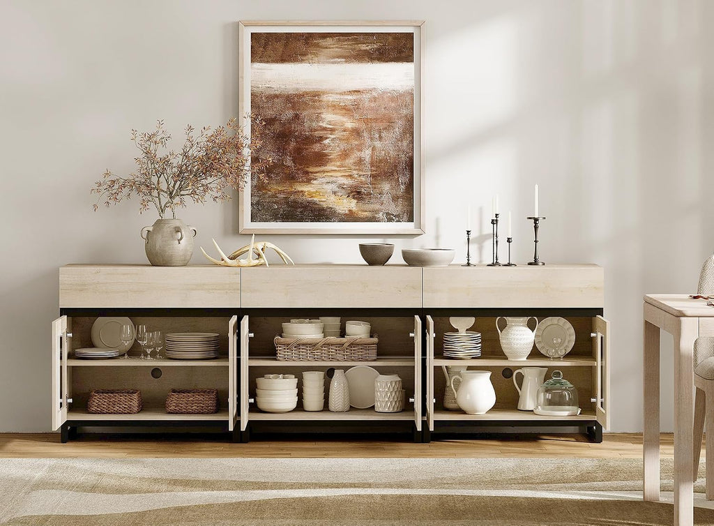 WAMPAT Sideboard Buffet Cabinets, Modern Credenza Sideboard with Adjustable Shelf and Metal Base, Coffee Bar Cabinet Accent Storage Cabinet for Living Room, Kitchen, Beige-B,3 Pcs