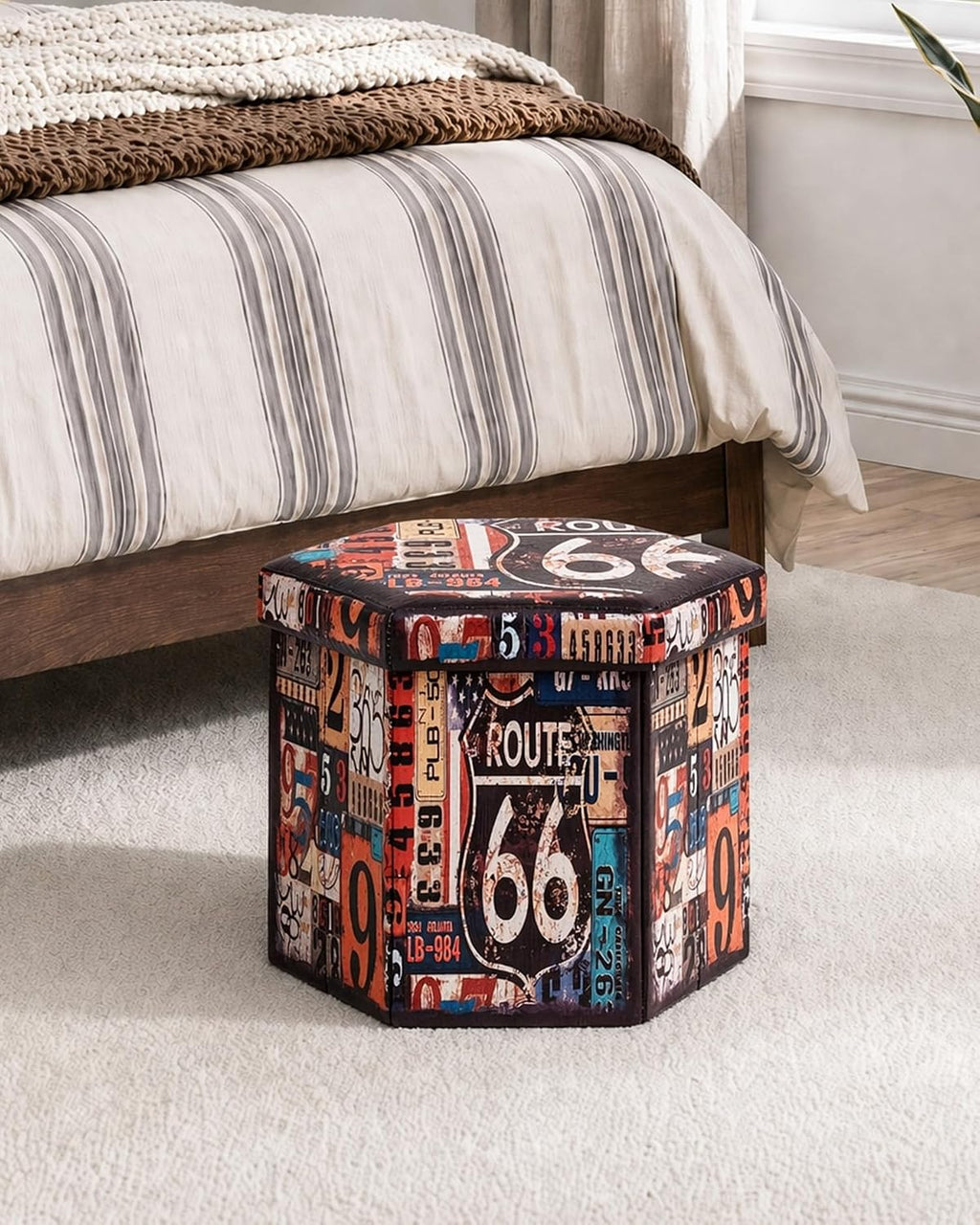 B FSOBEIIALEO Route 66 Storage Ottoman Hexagonal, Faux Leather Foot Rest Seat for Living Room, Storage Organizer 16.93"x15"x15"