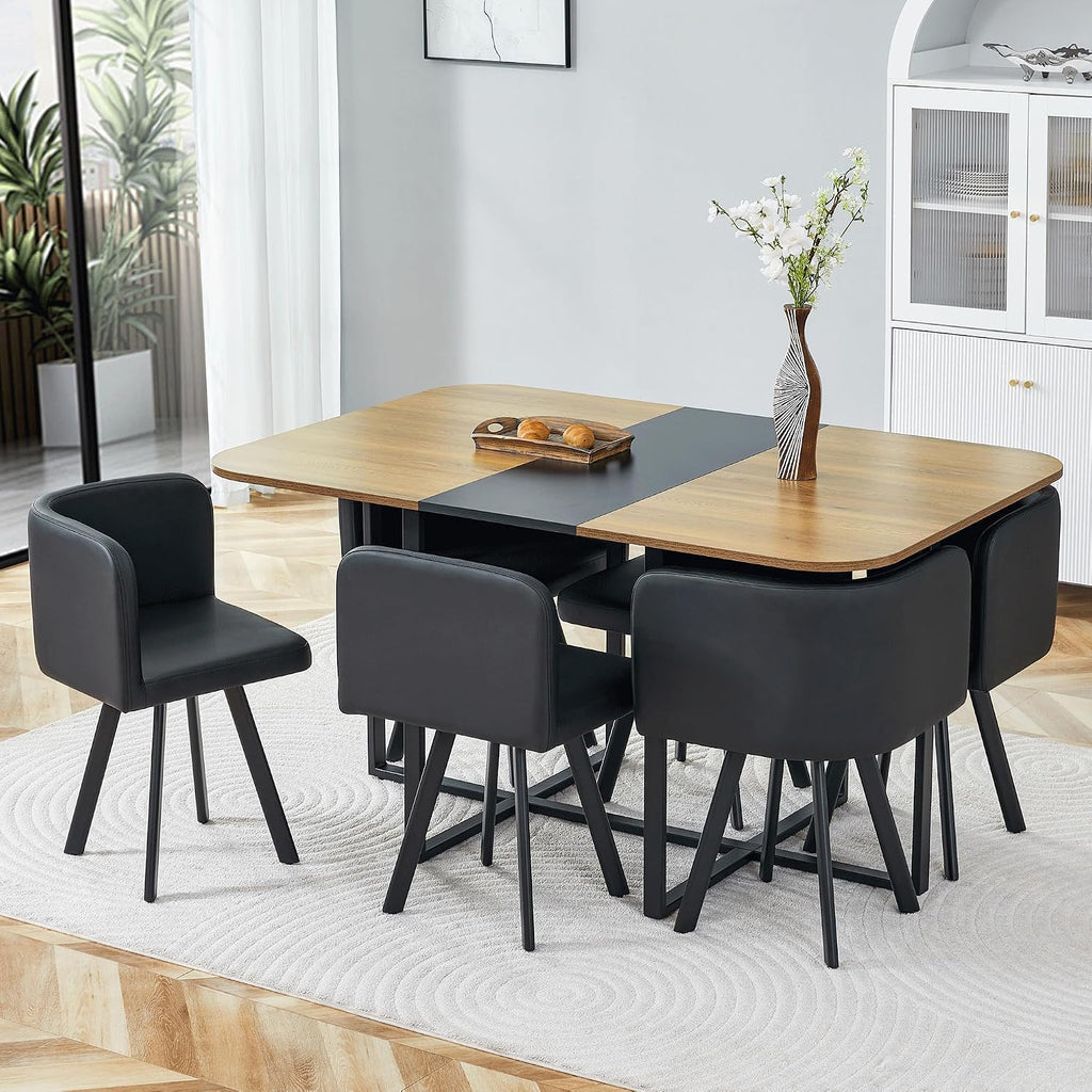 Dining Table Set for 6, 60" Faux Marble and Wood Kitchen Table with 6 PU Leather Chairs,Modern Retangular Dining Table Set for Kitchen,Living Room (Black, Wood+Black Table Set)