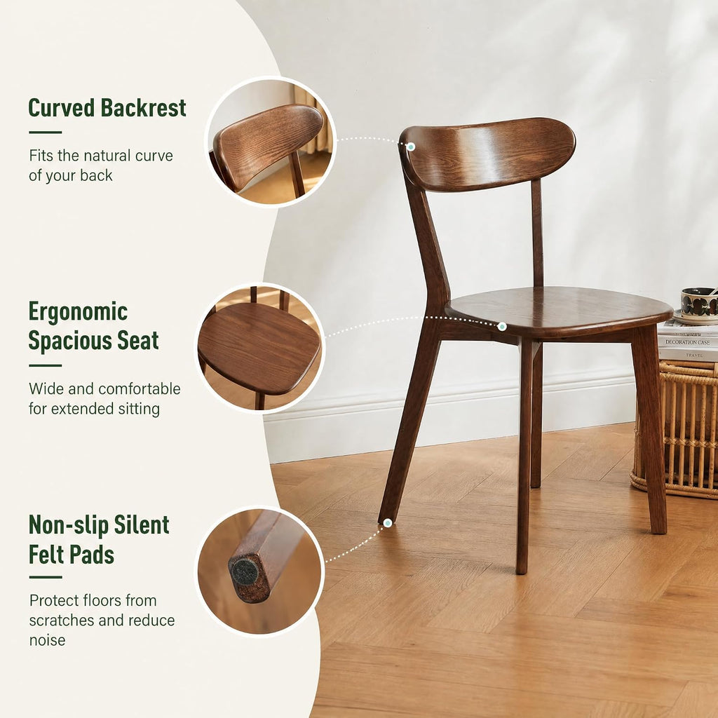Oak Dining Chairs, Kitchen Chairs, 100% Solid Wood Modern Dinner Chair with Curved Backrest, Dining Room Chair for Kitchen, Living Room, Study (4PK, Walnut)