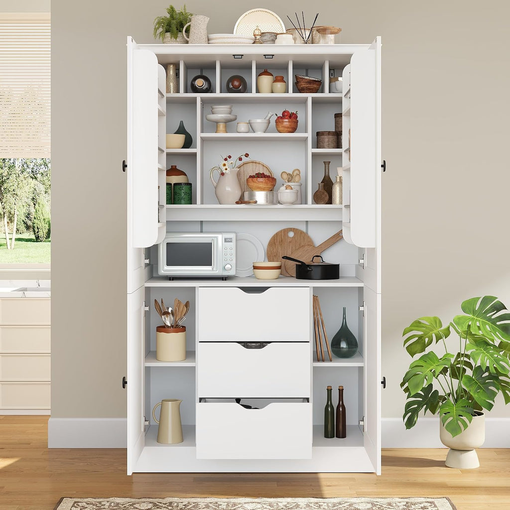 70.9" Tall Kitchen Pantry Cabinet with 4 Doors 3 Drawers 6 Wine Racks & Removable Shelves, Freestanding Storage Cabinets with Built-in Workstation for Kitchen Dining Room Living Room(White)