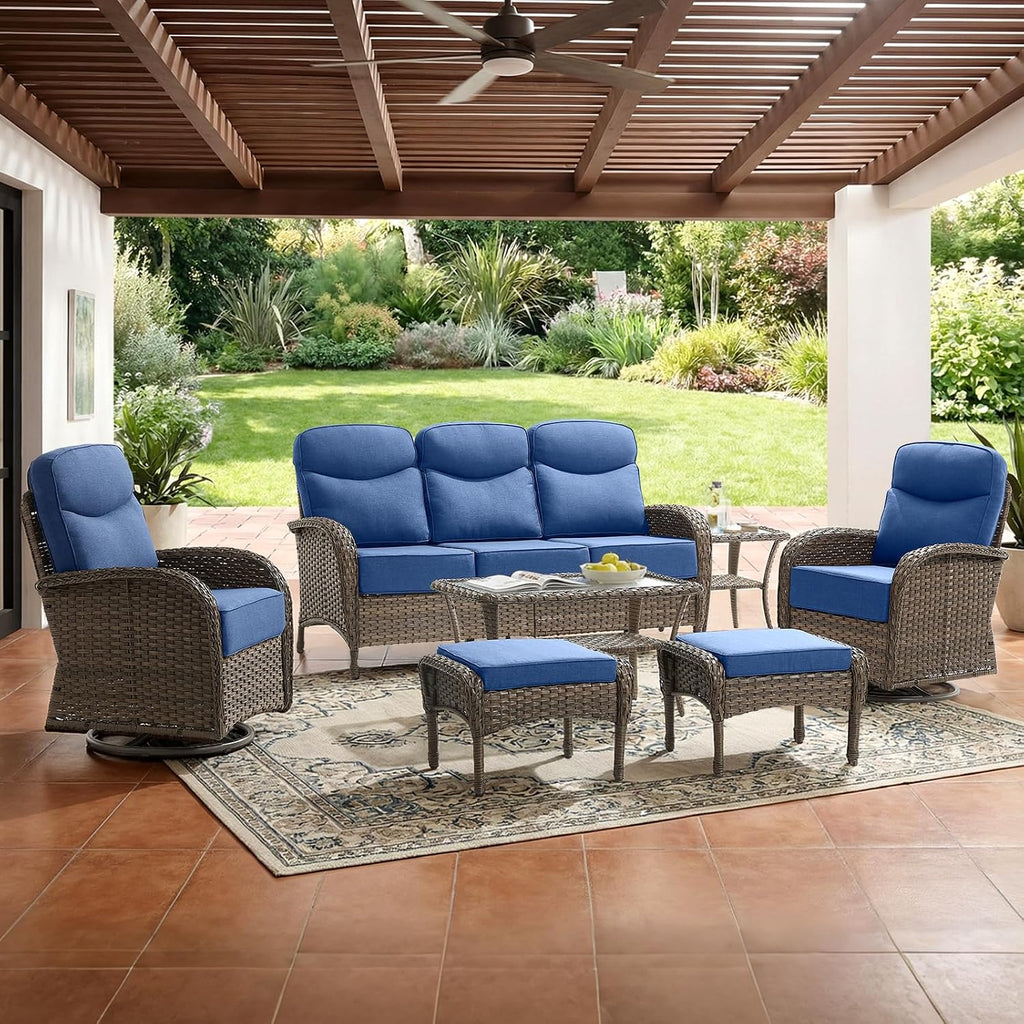 Outdoor Ottomans Patio Footrest Set of 2 - High Back Comfortable Brown Wicker Rattan Steel Frame Footstool Additional Bench Side Table for Porch Balcony Deck Garden Poolside - Navy Blue