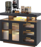 Dystler Coffee Bar Cabinet with Storage, Modern Buffet Cabinet with 3 Drawers and 2 Doors, Sideboard Buffet with Charging Station and Lights, Black