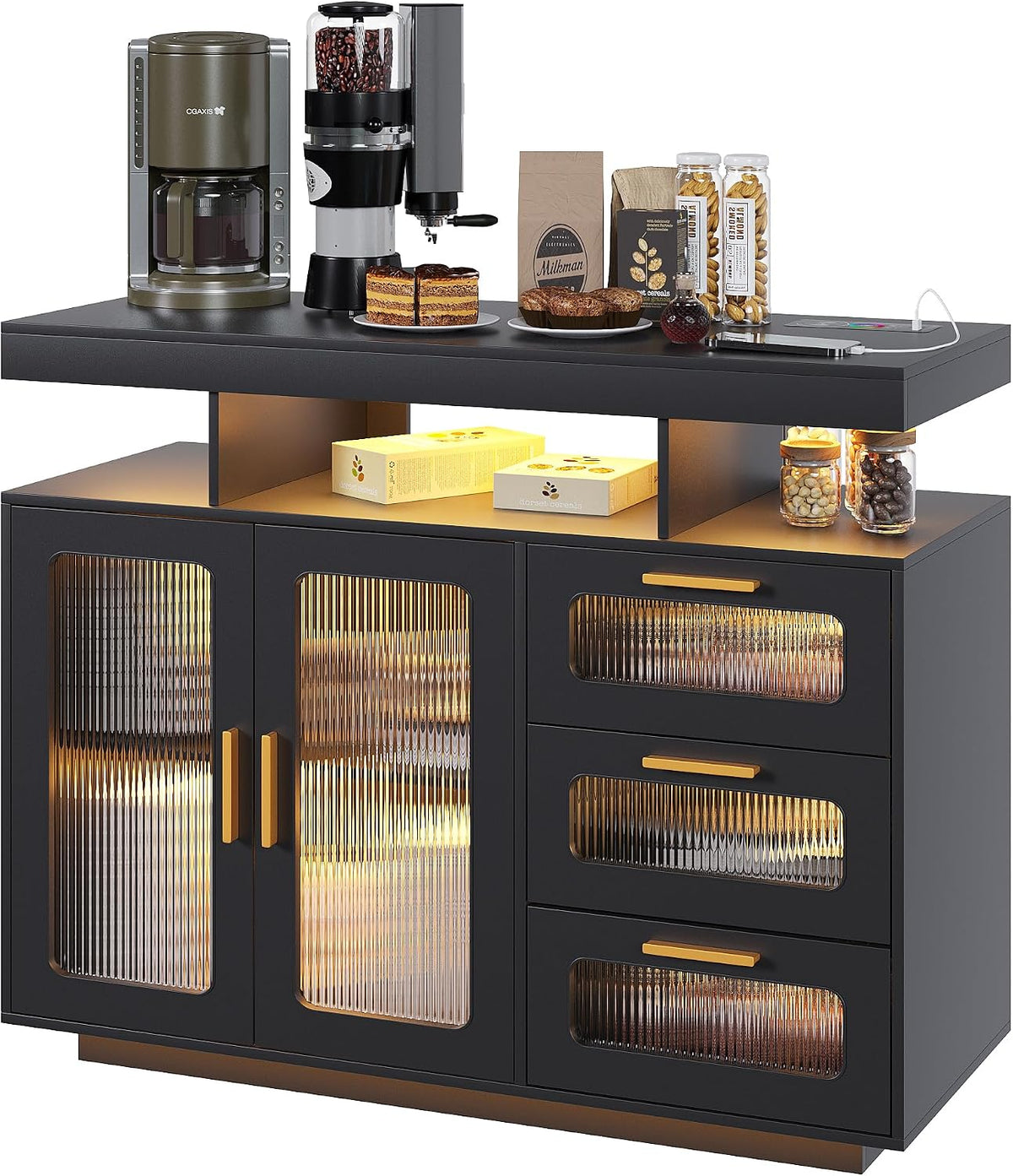 Dystler Coffee Bar Cabinet with Storage, Modern Buffet Cabinet with 3 Drawers and 2 Doors, Sideboard Buffet with Charging Station and Lights, Black