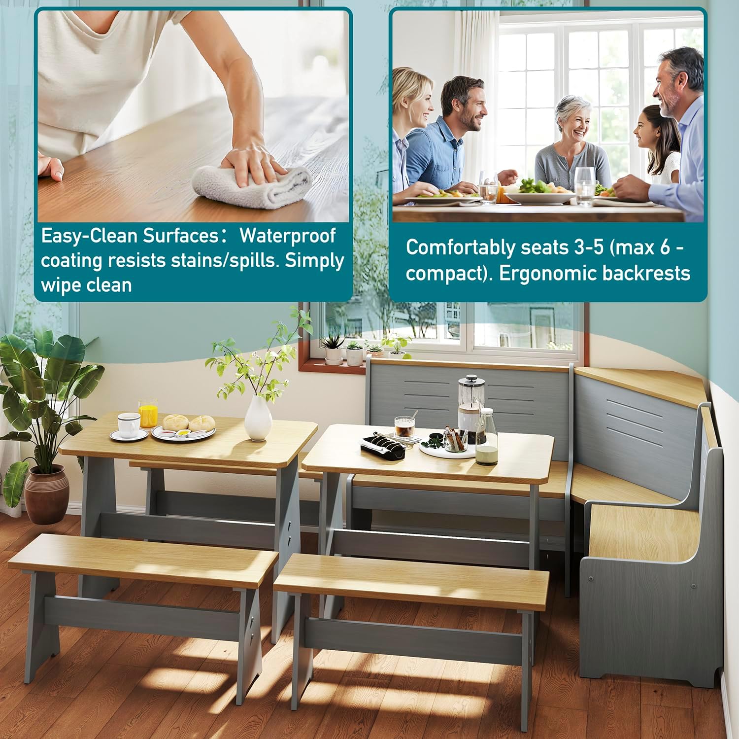 Breakfast Nook Kitchen Corner Dining Table with Bench Chair Set, Space-Saving 3-5 Seat L-Shape Set and 3-Piece Kitchen Nook Set for Family Home Grey Wood