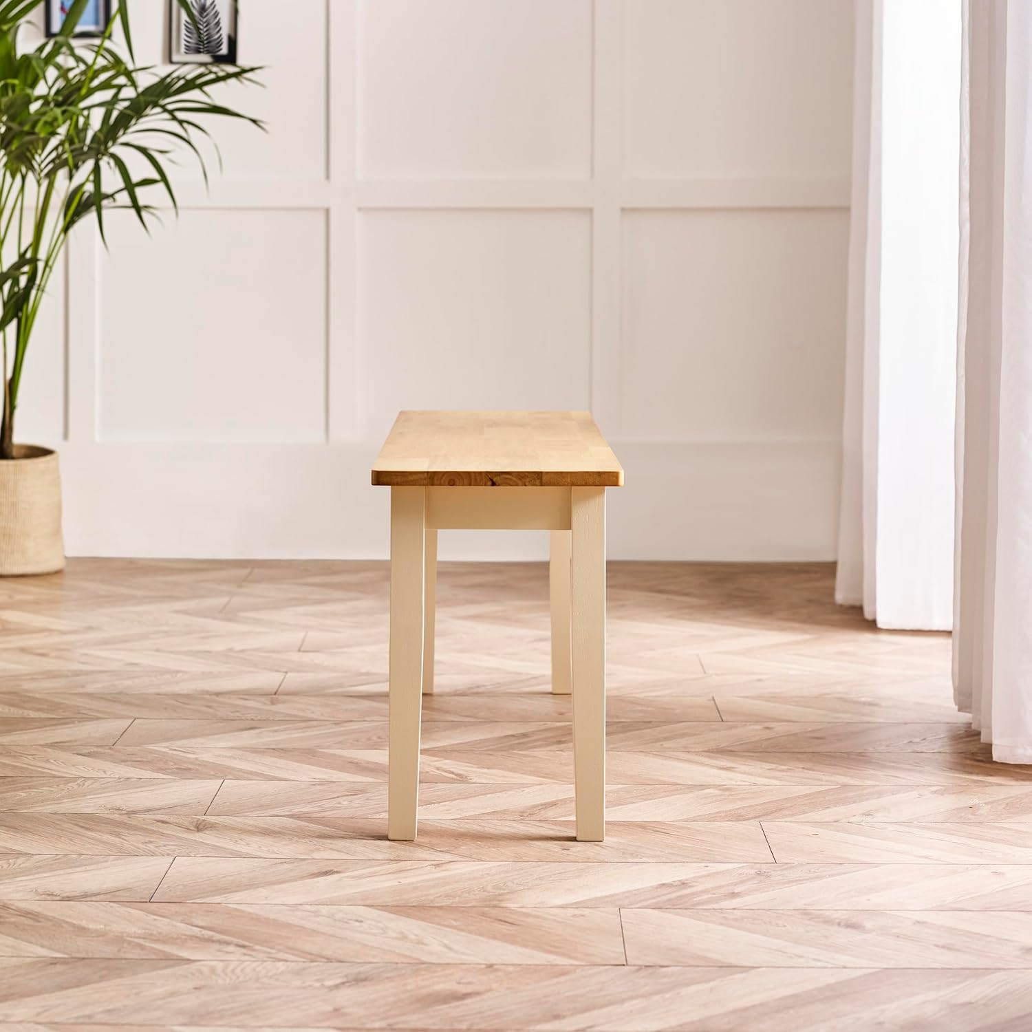 Furniturebox UK Large Wood Dining Bench - Tenby Cream Wood Indoor Bench Stool - Dining Kitchen Bedroom - Pale Oak Stain Seat Cream Legs Take on Traditional Farmhouse Dining Furniture