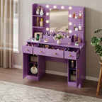 HUANLEGO Vanity Desk with Mirror and Lights, Makeup Vanity with Mirror and LED Lights & Power Outlet, 3 Drawers and Cabinets, 3 Lighting Modes Dressing Table Set for Girls Women Bedroom,Purple