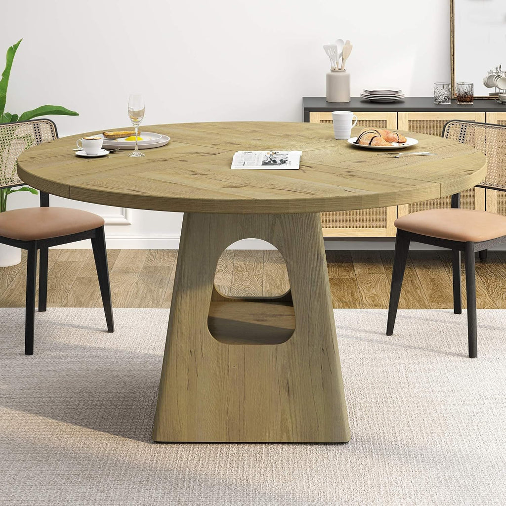 47.24 Inch Round Dining Table for 4-6 Kitchen Dining Table with Storage Shelf Wooden Pedestal Base Space Saving Design for Kitchen Dining Room Apartment Natural Farmhouse Style Only Table