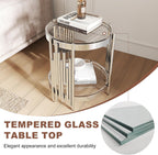 Round Glass End Table, 2-Tier Small Side Table with Tempered Glass Top and Sliver Stainless Steel Legs, Elegant Sofa Accent Table for Living Room, Bedroom, Easy to Assembly