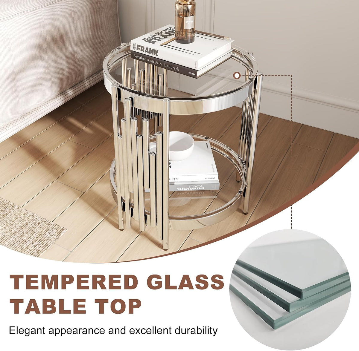 2 Tier Glass End Table with Storage, Round-Shaped Stainless Steel Side Table with Tempered Glass Top, Modern Accent Table for Living Room, Bedroom, Easy Assembly, Silver/Clear