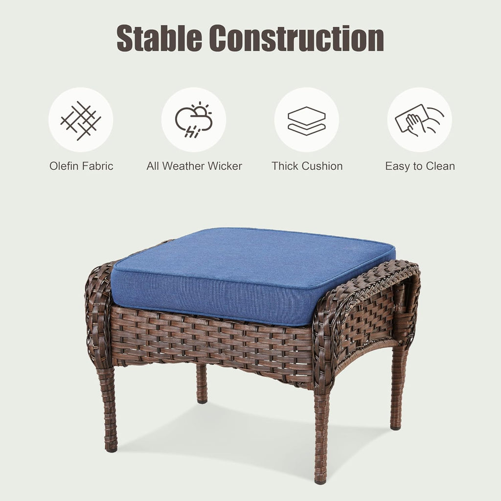 Outdoor Patio Ottomans Set of 2, Outdoor Wicker Footrest Seat with Removable Cushions, Patio Footrest Extra Seating for Deck Porch Sunroom Backyard, Blue