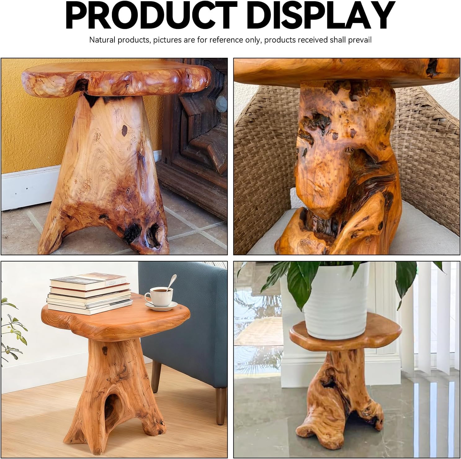 Small Side Table, Freeform Live Edge Wood Stool, Unique Design Natural Plant Stand for Patio, Garden, Yard, Living Room, Bedroom