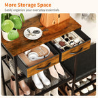 HavenlyYouth Shoe Rack Bench Cushioned with 2 Drawers & 5-Tier Entryway Organizer, Metal Frame Wood Top, Narrow Hallway Bench for Boots, Holds 16-20 Pairs, Space-Saving for Closet & Front Door
