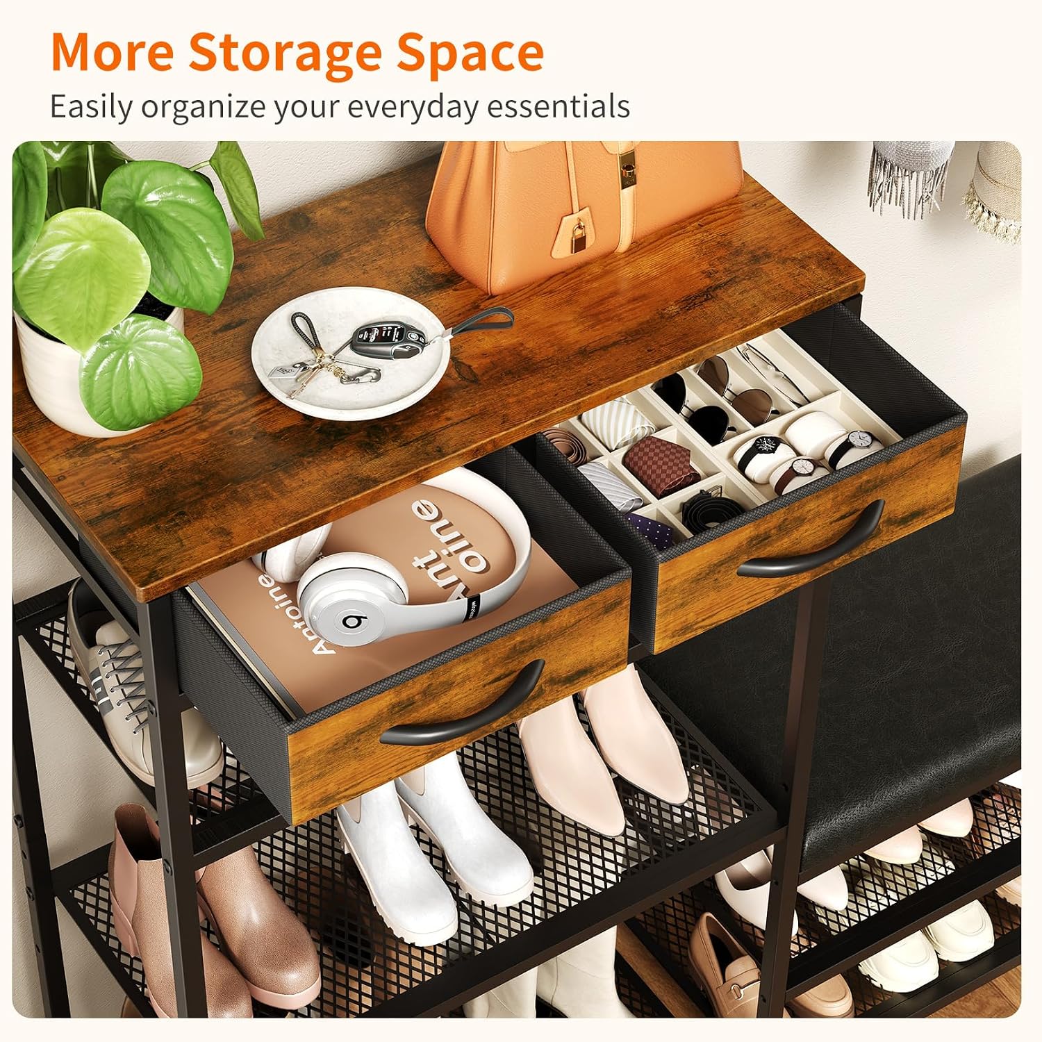 HavenlyYouth Shoe Rack Bench Cushioned with 2 Drawers & 5-Tier Entryway Organizer, Metal Frame Wood Top, Narrow Hallway Bench for Boots, Holds 16-20 Pairs, Space-Saving for Closet & Front Door