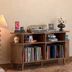 LUVIOHOME Large Round Record Player Stand with Charging Station & USB Ports | Record Storage Cabinet, Mid Century Modern Turntable Stand for Bedroom Living Room