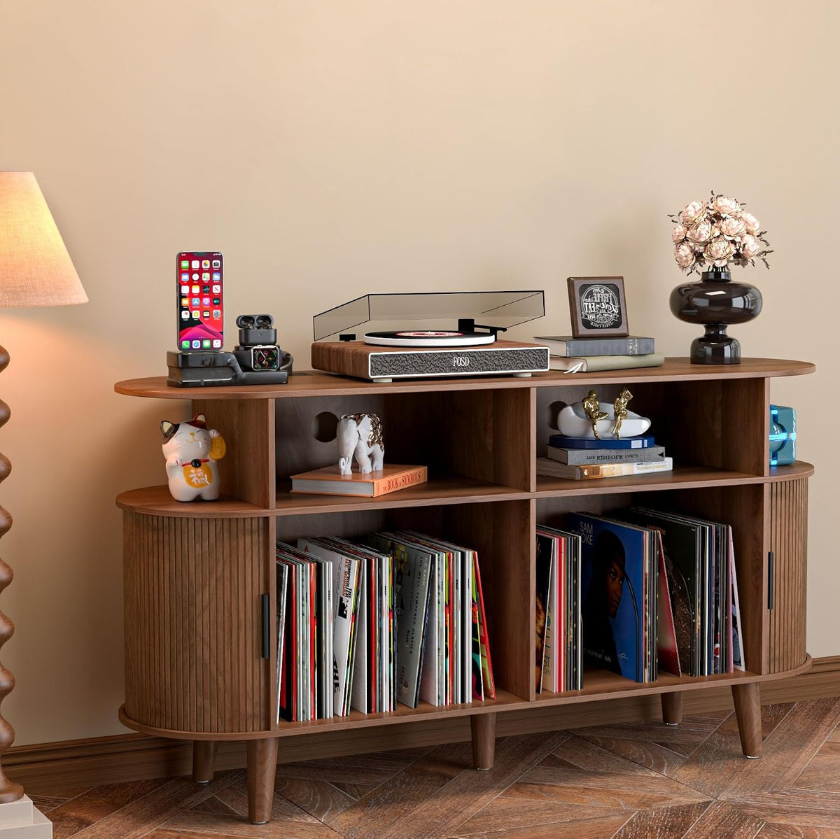 LUVIOHOME Large Round Record Player Stand with Charging Station & USB Ports | Record Storage Cabinet, Mid Century Modern Turntable Stand for Bedroom Living Room