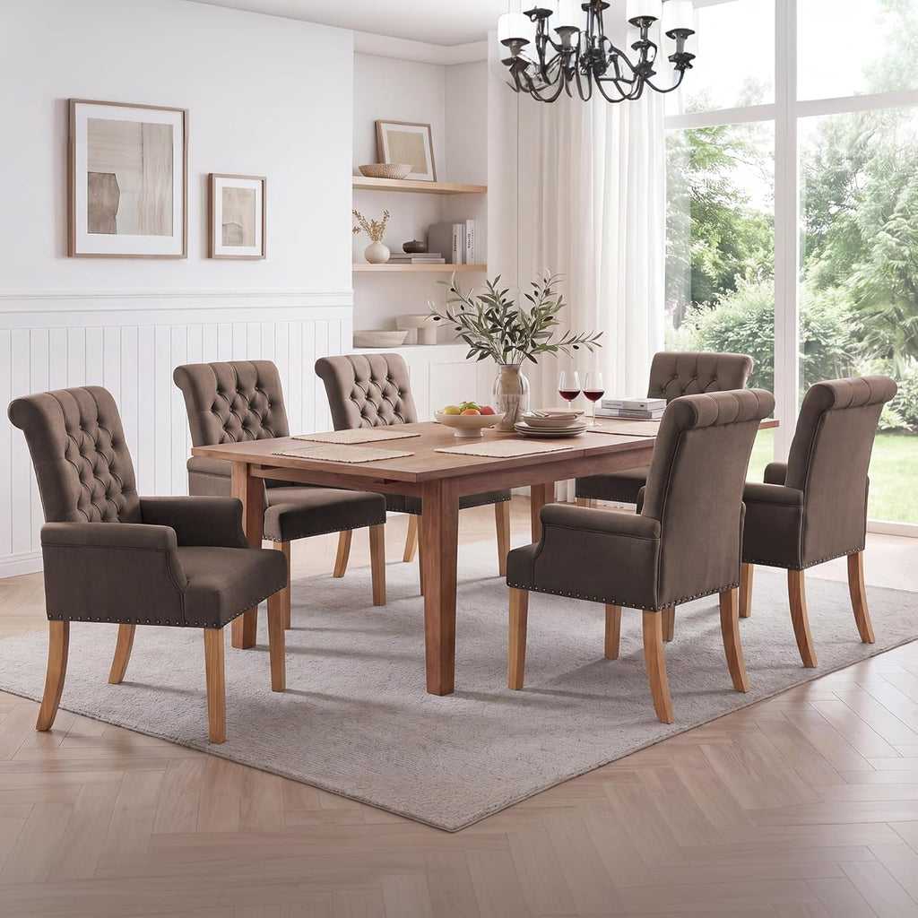 Upholstered Dining Chairs, Modern Fabric Dining Room Chairs with Arms, Tufted High Back Armchair with Solid Wood Legs for Dining Living Room, Kitchen, Brown