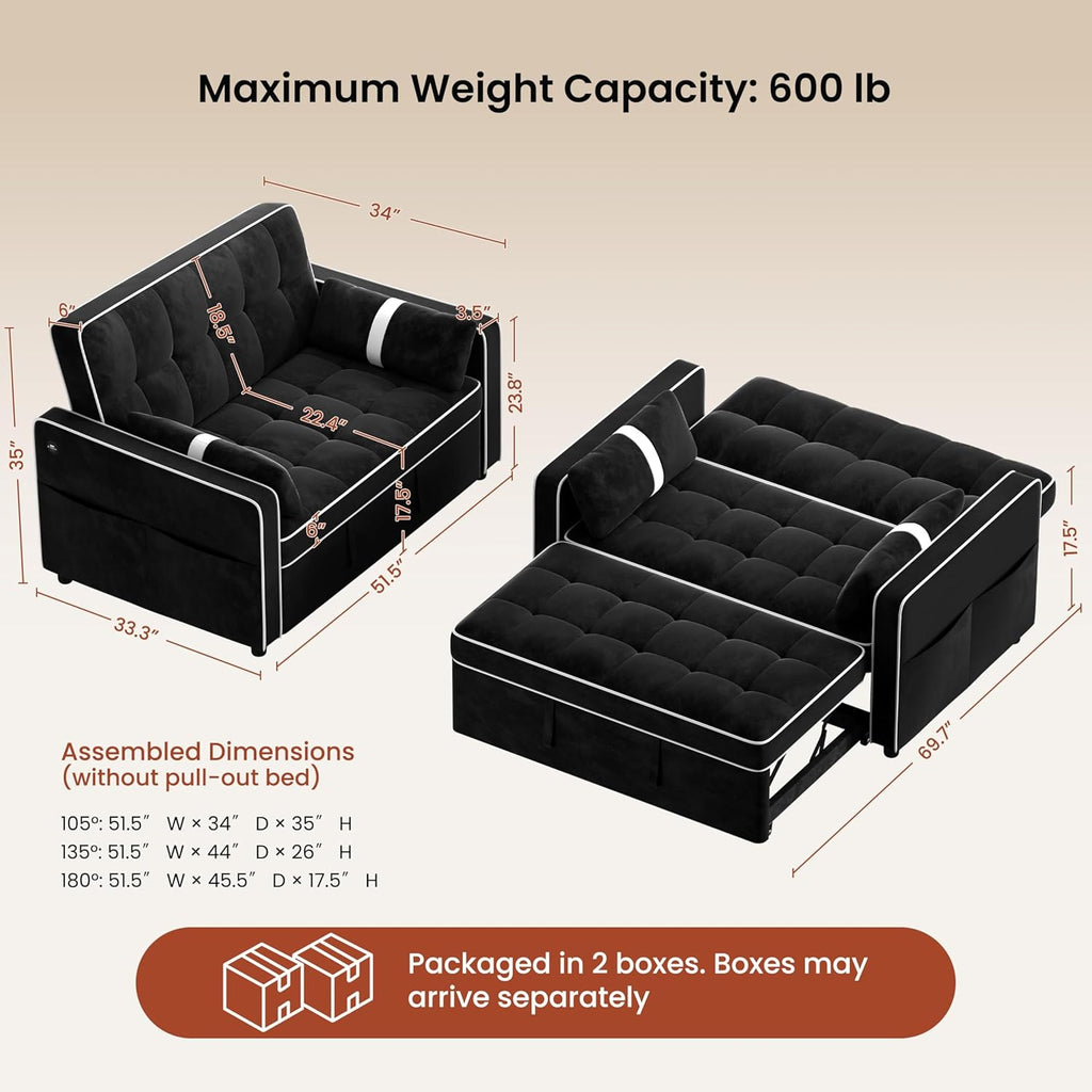 Yaheetech 3 in 1 Sofa Bed Convertible Velvet Sofa Pull Out Couch Folding Loveseat Sleeper with Adjustable Backrest, Armrest Pillows, USB Ports, Side Pockets for Living Room Bedroom Apartment, Black