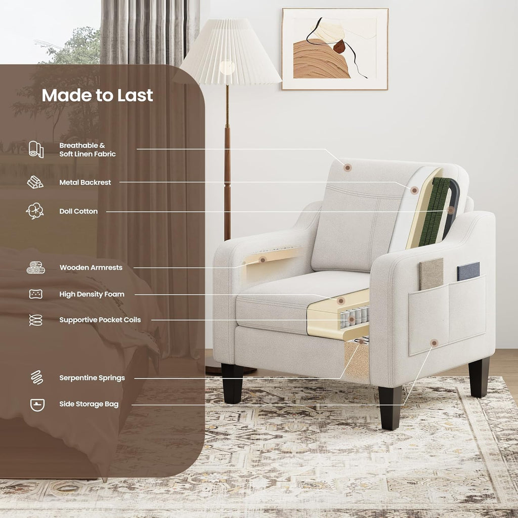 Upholstered Accent Chair with Foldable Side Table for Living Room | 2 Side Pockets, Modern Linen Armchair Wooden Fabric Chairs for Living Room, Comfy Reading for Bedroom/Office