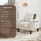 Upholstered Accent Chair with Foldable Side Table for Living Room | 2 Side Pockets, Modern Linen Armchair Wooden Fabric Chairs for Living Room, Comfy Reading for Bedroom/Office