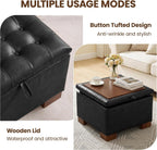 24 Inch Square Storage Ottoman Coffee Table, Modern Tufted Upholstered Ottoman with Flip Tray and Solid Wood Legs, Suitable for Living Rooms, Faux Leather Black