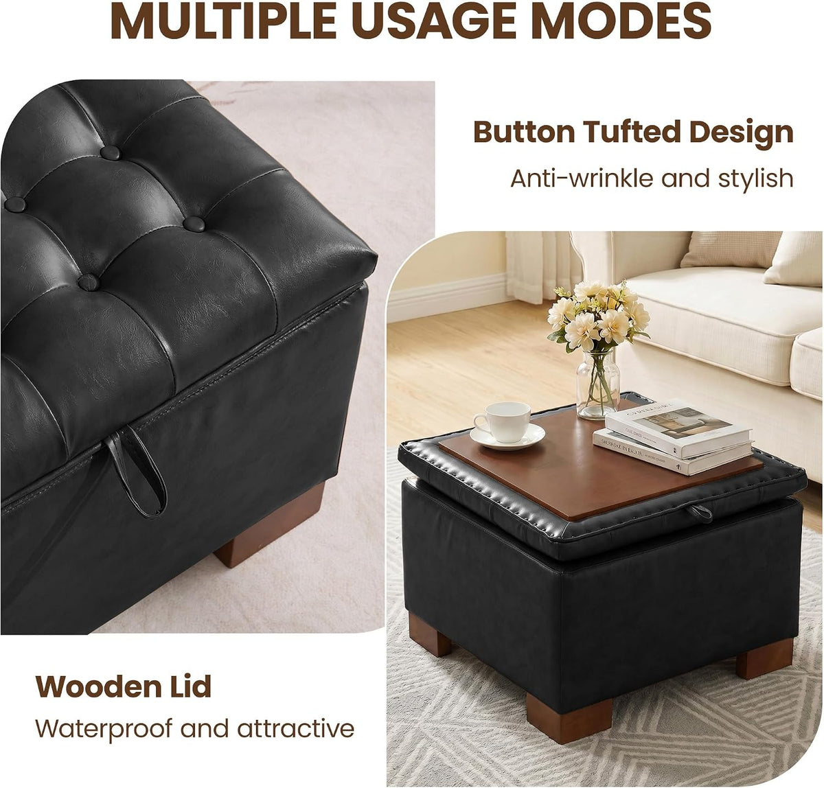 24 Inch Square Storage Ottoman Coffee Table, Modern Tufted Upholstered Ottoman with Flip Tray and Solid Wood Legs, Suitable for Living Rooms, Faux Leather Black