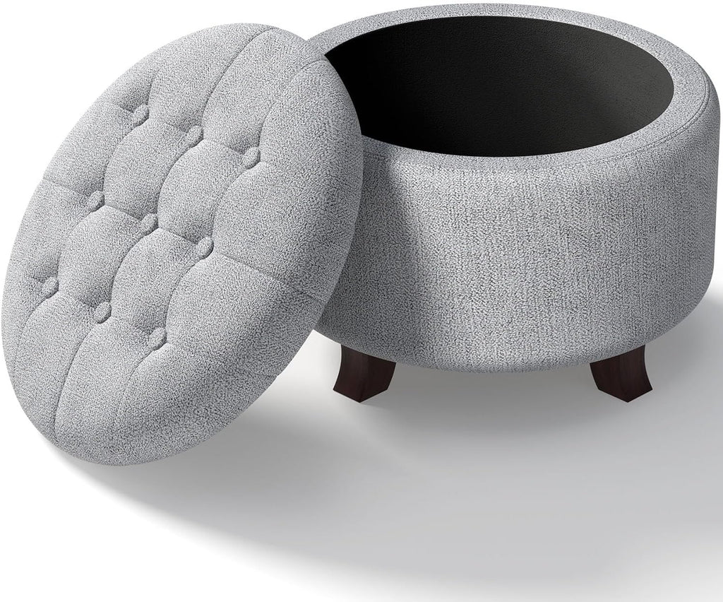 OS MOTOR Round Storage Ottoman Bench, Light Gray, 25 Inches | Multi-Functional Ottoman Foot Rest, End of Bed Bench, Storage Chest, Living Room, Bedroom, Hallway, Entryway, 300 lb Capacity